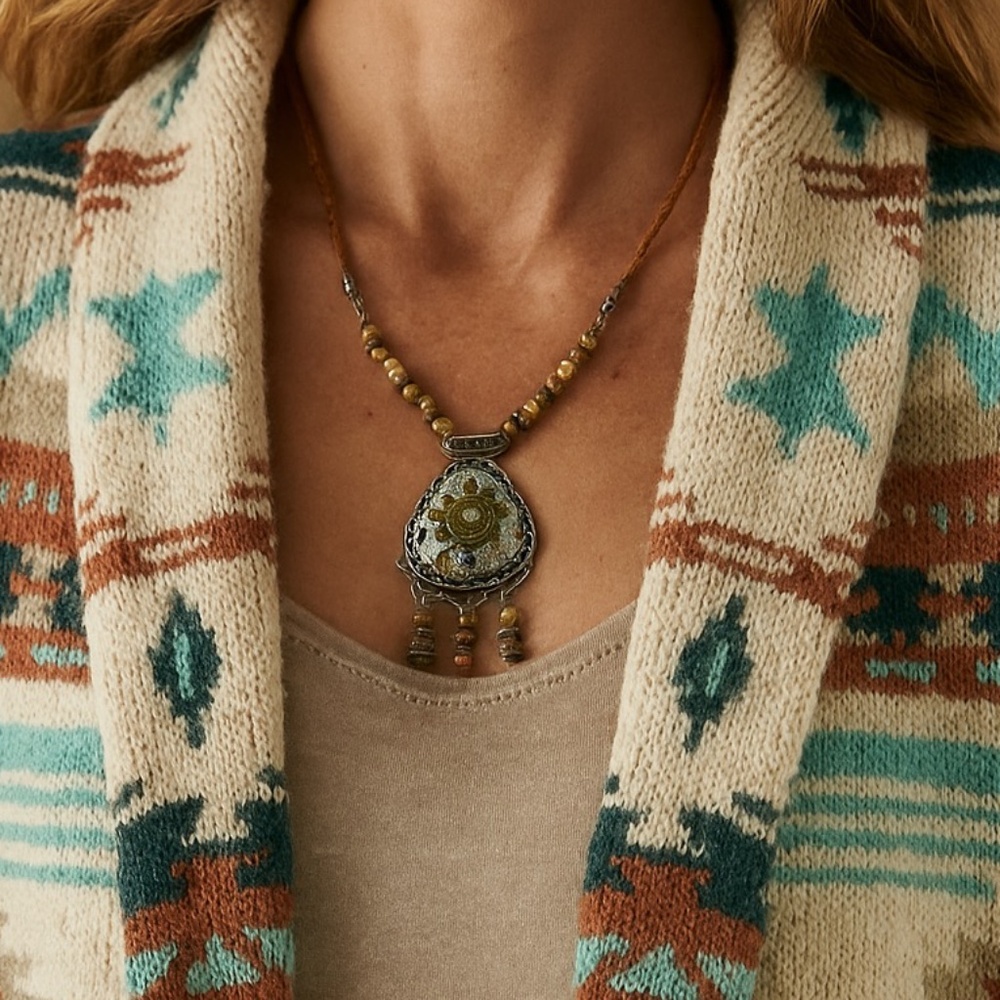 Chico's Southwestern Sun Pendant Leather Cord Necklace Womens Boho Chic Western